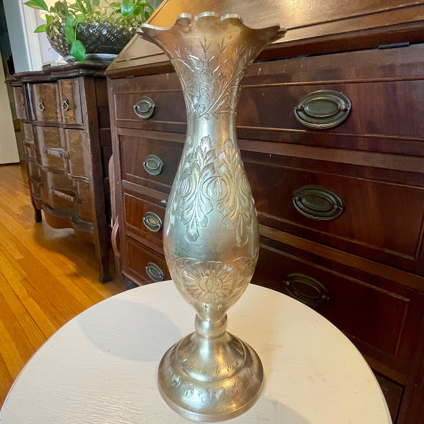 Vintage Hand-carved Brass 10” Vase, Made in India