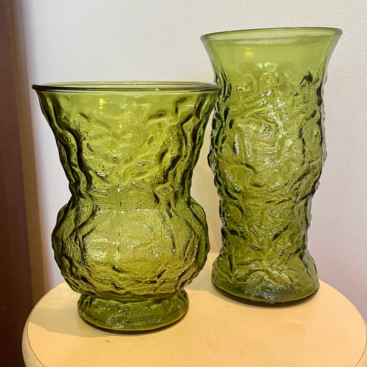 1970s Avocado Green EO Brody Co Crinkle Glass Vases