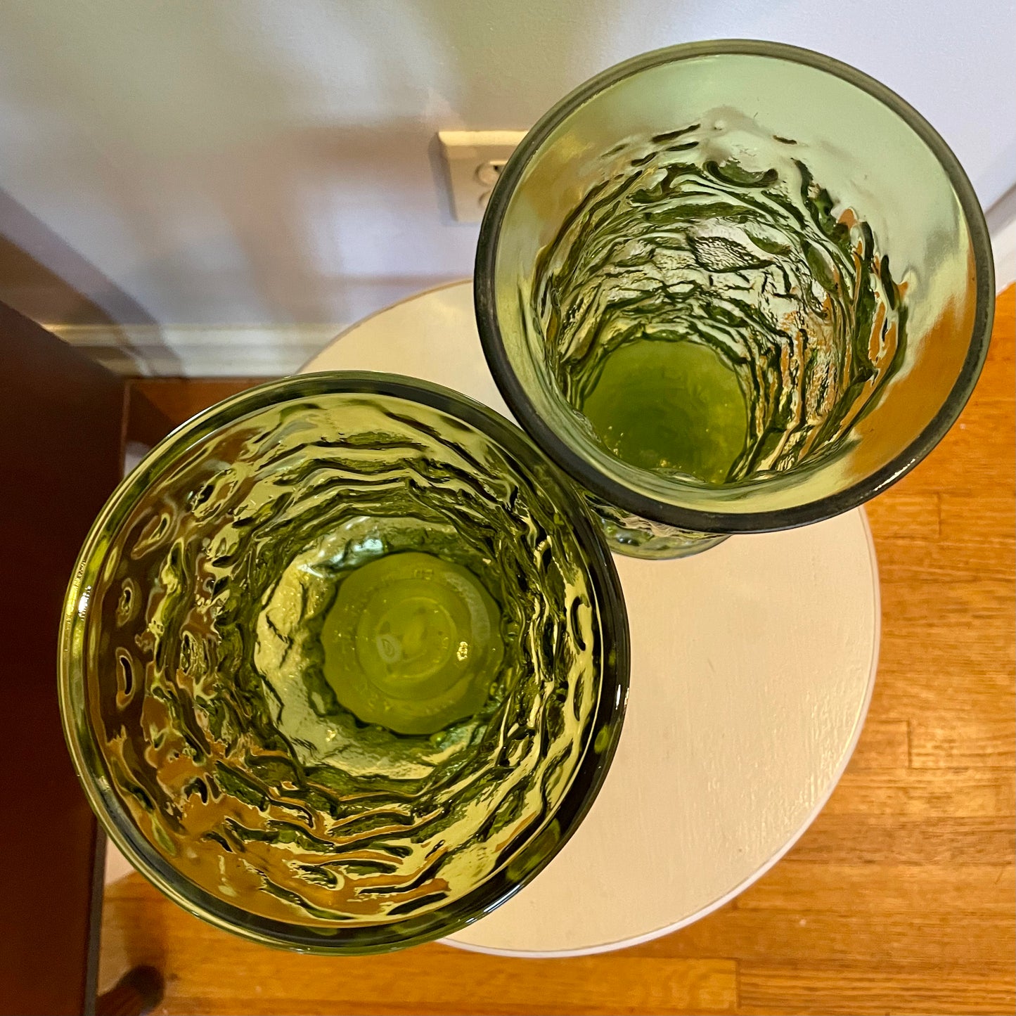 1970s Avocado Green EO Brody Co Crinkle Glass Vases